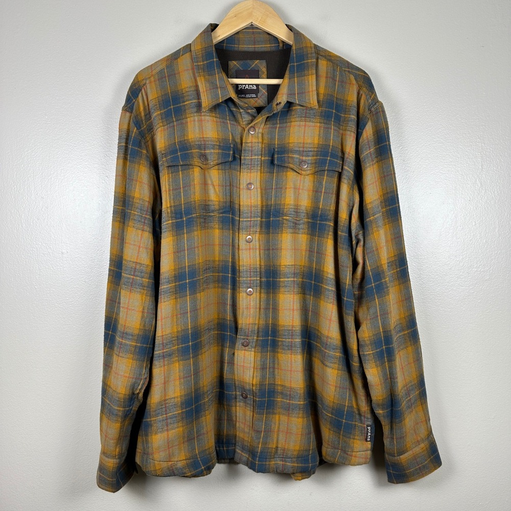 prAna Men's XL Flannel Shirt Yellow Plaid Thermal Lined Organic Cotton Snap
